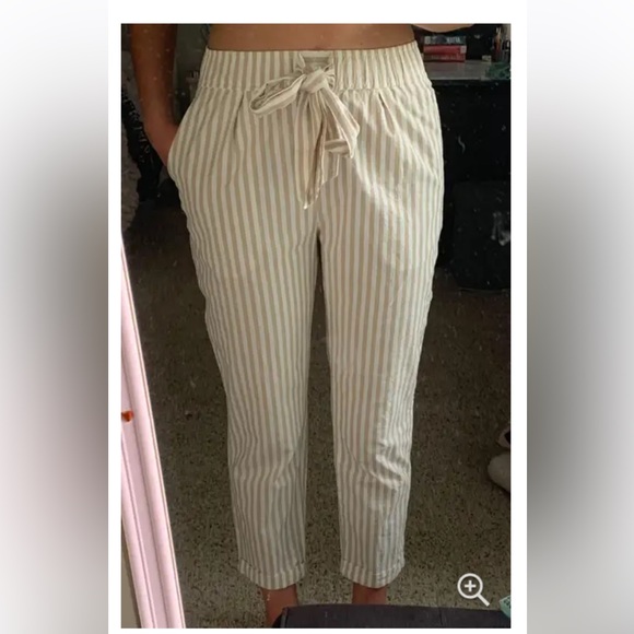 ZARA High Waisted, Tie Sash, Crop Striped Pants | Color: Tan / White | Size: S - Picture 2 of 10